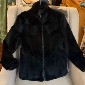 Black rabbit jacket with leather trim… new.